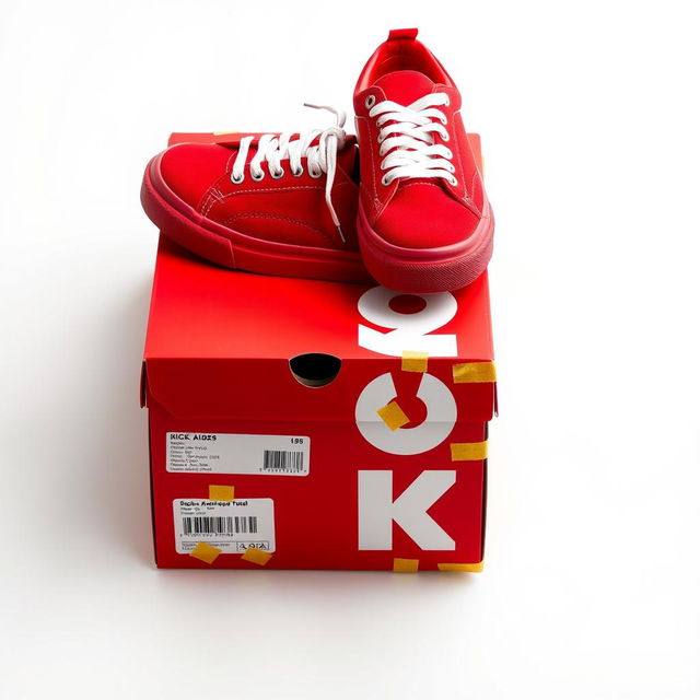 A full view of a vibrant red shoebox with bold white letters spelling 'KICK' prominently displayed on the side