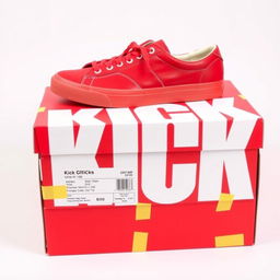 A full view of a vibrant red shoebox with bold white letters spelling 'KICK' prominently displayed on the side