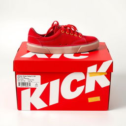 A full view of a vibrant red shoebox with bold white letters spelling 'KICK' prominently displayed on the side