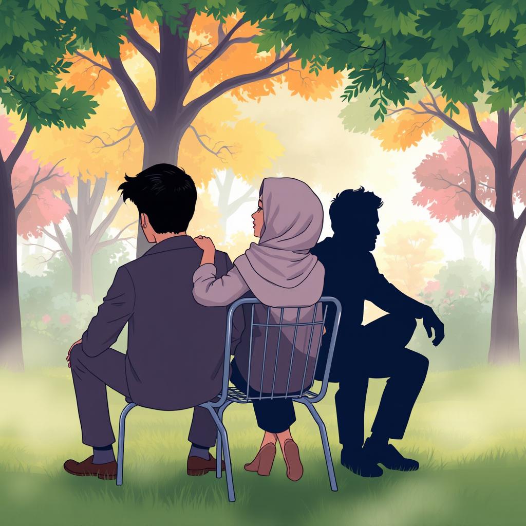 An aesthetic cartoon illustration of a woman wearing a hijab, sitting on a metal chair in a vibrant, lush park filled with trees