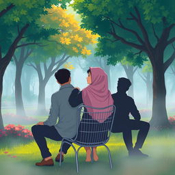 An aesthetic cartoon illustration of a woman wearing a hijab, sitting on a metal chair in a vibrant, lush park filled with trees