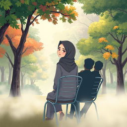 An aesthetic cartoon illustration of a woman wearing a hijab, sitting on a metal chair in a vibrant, lush park filled with trees