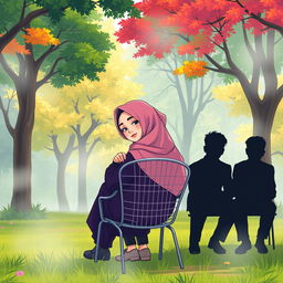 An aesthetic cartoon illustration of a woman wearing a hijab, sitting on a metal chair in a vibrant, lush park filled with trees