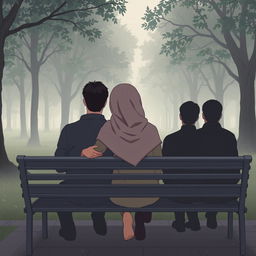 A sad aesthetic cartoon illustration of a woman wearing a hijab, sitting on a long metal bench in a lush park filled with trees