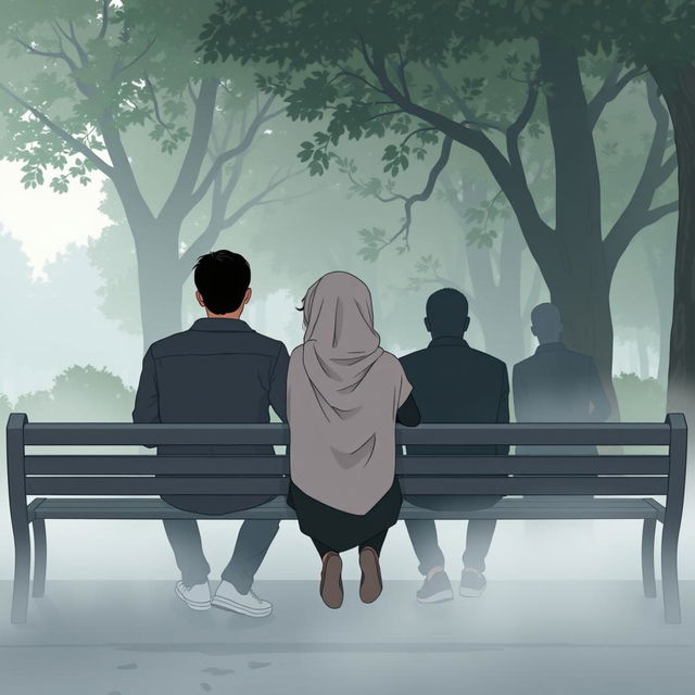 A sad aesthetic cartoon illustration of a woman wearing a hijab, sitting on a long metal bench in a lush park filled with trees