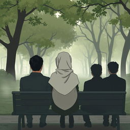 A sad aesthetic cartoon illustration of a woman wearing a hijab, sitting on a long metal bench in a lush park filled with trees