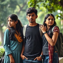 A narrative scene depicting a 27-year-old Indian college boy, appearing distressed and contemplative as he stands between his beautiful 25-year-old Indian girlfriend and his 25-year-old Indian female best friend