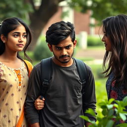 A narrative scene depicting a 27-year-old Indian college boy, appearing distressed and contemplative as he stands between his beautiful 25-year-old Indian girlfriend and his 25-year-old Indian female best friend