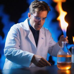 A cool chemist wearing safety goggles and a lab coat, engrossed in an experiment. The background is ablaze with a vivid blue flame.