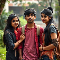 A narrative scene depicting a 27-year-old Indian college boy, appearing distressed and contemplative as he stands between his beautiful 25-year-old Indian girlfriend and his 25-year-old Indian female best friend