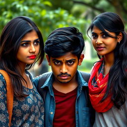 A narrative scene depicting a 27-year-old Indian college boy, appearing distressed and contemplative as he stands between his beautiful 25-year-old Indian girlfriend and his 25-year-old Indian female best friend