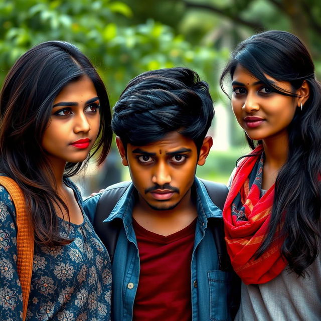 A narrative scene depicting a 27-year-old Indian college boy, appearing distressed and contemplative as he stands between his beautiful 25-year-old Indian girlfriend and his 25-year-old Indian female best friend