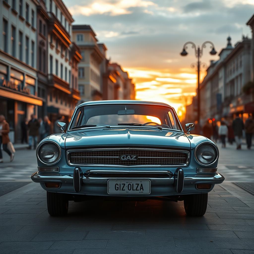 A classic GAZ Volga car parked in an urban setting, showcasing its iconic vintage design