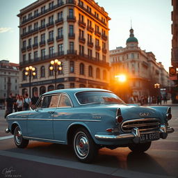 A classic GAZ Volga car parked in an urban setting, showcasing its iconic vintage design