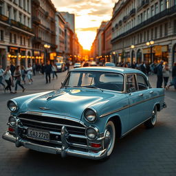 A classic GAZ Volga car parked in an urban setting, showcasing its iconic vintage design