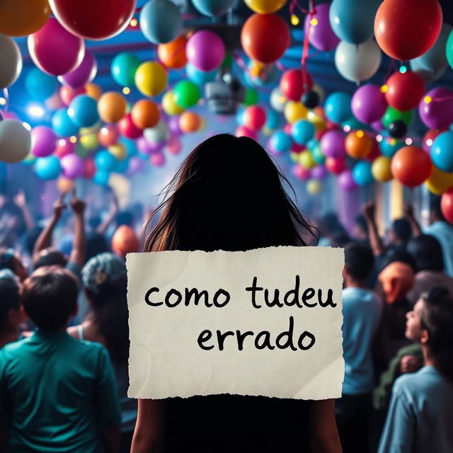 Book cover for 'Como Tudo Deu Errado' featuring a vibrant party scene filled with colorful balloons and decorative lights, creating a festive atmosphere