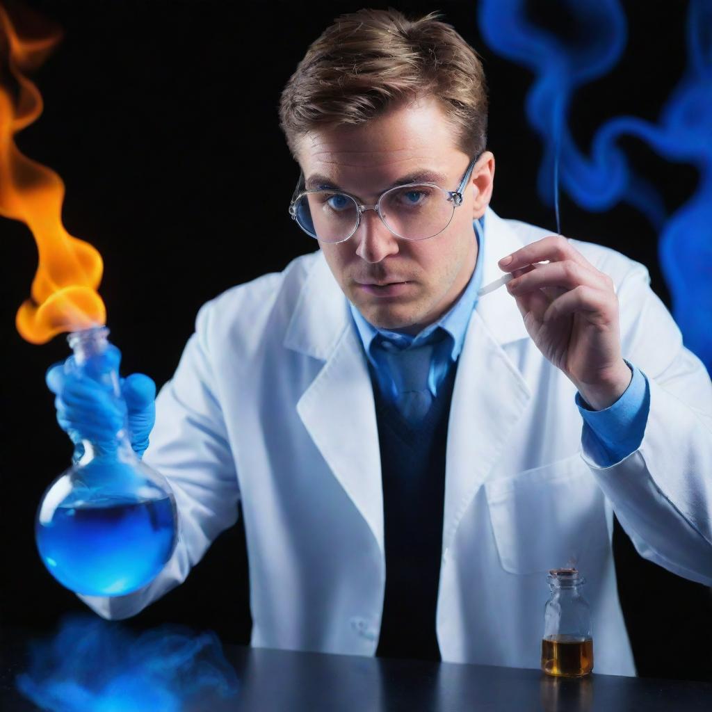 A cool chemist wearing safety goggles and a lab coat, engrossed in an experiment. The background is ablaze with a vivid blue flame.