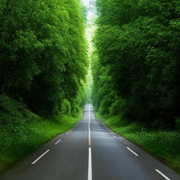 A frontal view of a well-tarred road stretching straight ahead, surrounded by the dense, verdant vegetation of a forest on both sides.