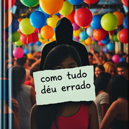 Book cover for 'Como Tudo Deu Errado' featuring a vibrant party scene filled with colorful balloons and decorative lights, creating a festive atmosphere