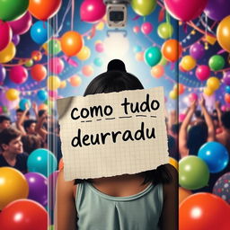 Book cover for 'Como Tudo Deu Errado' featuring a vibrant party scene filled with colorful balloons and decorative lights, creating a festive atmosphere