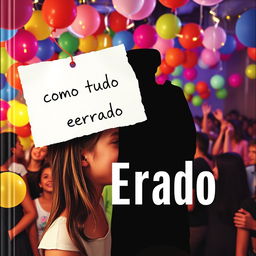 Book cover for 'Como Tudo Deu Errado' featuring a vibrant party scene filled with colorful balloons and decorative lights, creating a festive atmosphere