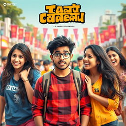 A vibrant comedic film poster featuring a 27-year-old Indian college boy, looking flustered and caught in a hilarious scenario, with his 25-year-old beautiful Indian girlfriend on one side, appearing playful yet exasperated, and his 25-year-old Indian female best friend on the other side, laughing mischievously