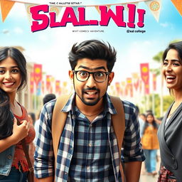 A vibrant comedic film poster featuring a 27-year-old Indian college boy, looking flustered and caught in a hilarious scenario, with his 25-year-old beautiful Indian girlfriend on one side, appearing playful yet exasperated, and his 25-year-old Indian female best friend on the other side, laughing mischievously