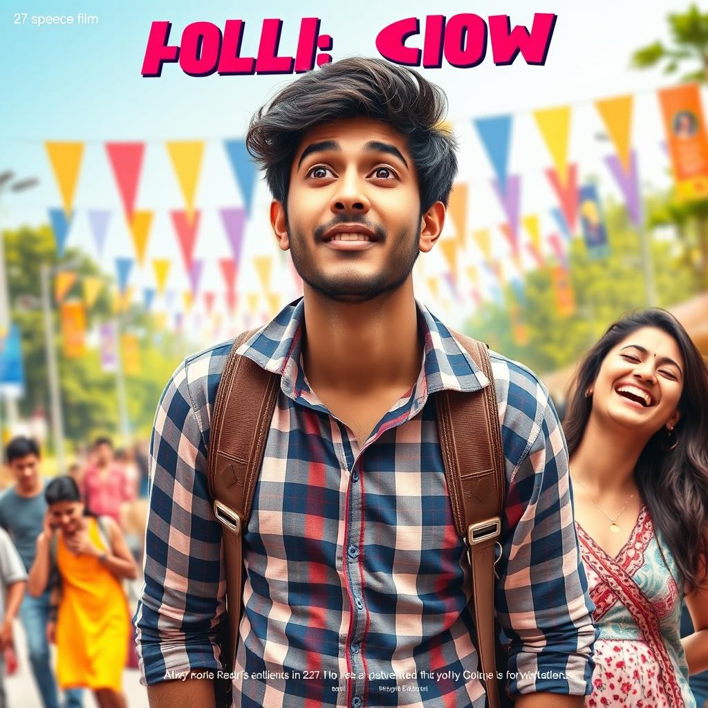 A vibrant comedic film poster featuring a 27-year-old Indian college boy, looking flustered and caught in a hilarious scenario, with his 25-year-old beautiful Indian girlfriend on one side, appearing playful yet exasperated, and his 25-year-old Indian female best friend on the other side, laughing mischievously