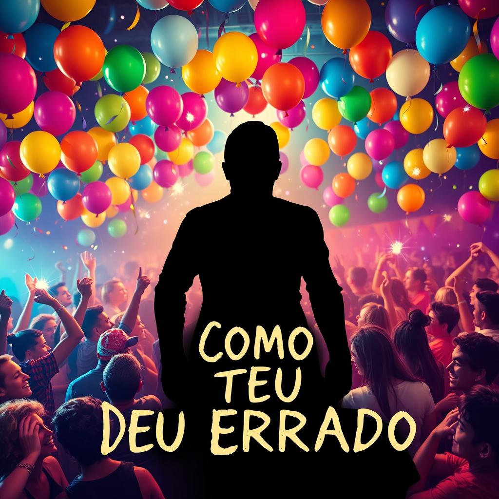 A vibrant party scene as a book cover for 'Como Tudo Deu Errado', filled with colorful balloons and sparkling lights that create a festive atmosphere