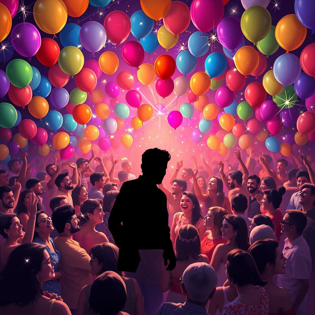 A vibrant party scene as a book cover for 'Como Tudo Deu Errado', filled with colorful balloons and sparkling lights that create a festive atmosphere