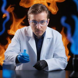 A cool chemist wearing safety goggles and a lab coat, engrossed in an experiment. The background is ablaze with a vivid blue flame.