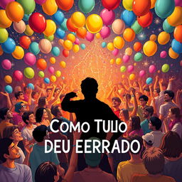 A vibrant party scene as a book cover for 'Como Tudo Deu Errado', filled with colorful balloons and sparkling lights that create a festive atmosphere