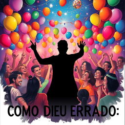 A vibrant party scene as a book cover for 'Como Tudo Deu Errado', filled with colorful balloons and sparkling lights that create a festive atmosphere