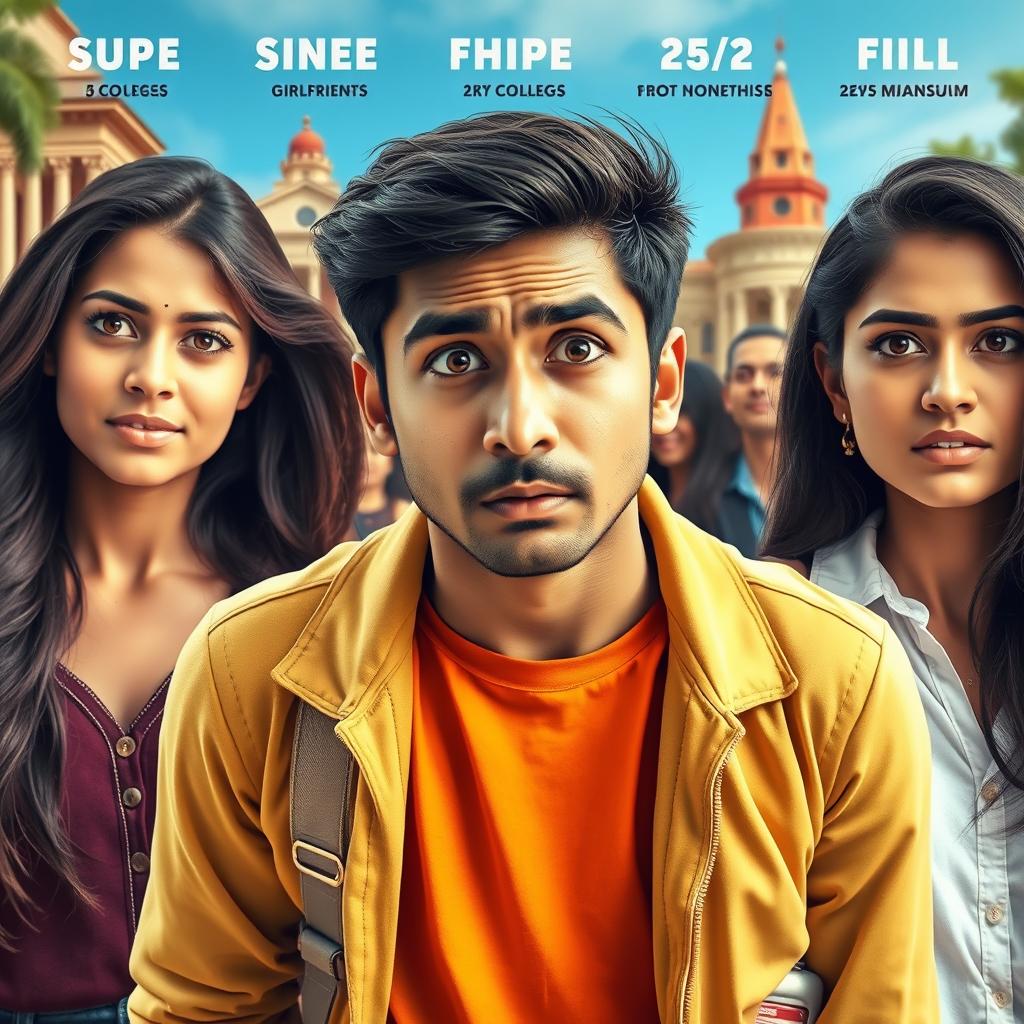 A vibrant and humorous film poster featuring a 27-year-old Indian college boy looking anxious and distressed, caught between his beautiful 25-year-old Indian girlfriend, who has an angry expression, and his 25-year-old Indian female best friend, who appears contemplative and deep in thought