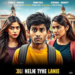 A vibrant and humorous film poster featuring a 27-year-old Indian college boy looking anxious and distressed, caught between his beautiful 25-year-old Indian girlfriend, who has an angry expression, and his 25-year-old Indian female best friend, who appears contemplative and deep in thought