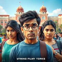 A vibrant and humorous film poster featuring a 27-year-old Indian college boy looking anxious and distressed, caught between his beautiful 25-year-old Indian girlfriend, who has an angry expression, and his 25-year-old Indian female best friend, who appears contemplative and deep in thought