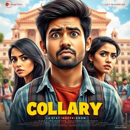 A vibrant and humorous film poster featuring a 27-year-old Indian college boy looking anxious and distressed, caught between his beautiful 25-year-old Indian girlfriend, who has an angry expression, and his 25-year-old Indian female best friend, who appears contemplative and deep in thought