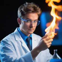 A cool chemist wearing safety goggles and a lab coat, engrossed in an experiment. The background is ablaze with a vivid blue flame.