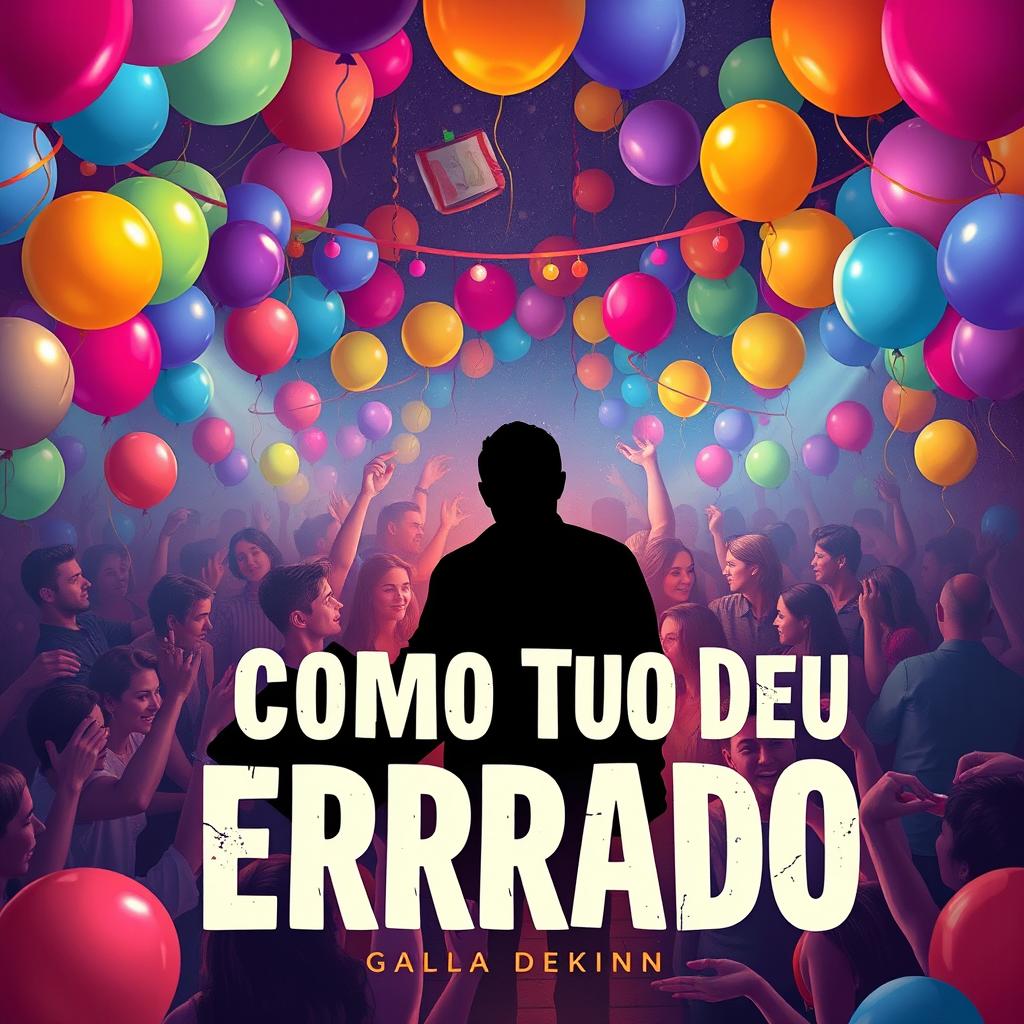 A book cover for 'Como Tudo Deu Errado', featuring a lively party scene filled with vibrant balloons and colorful lights