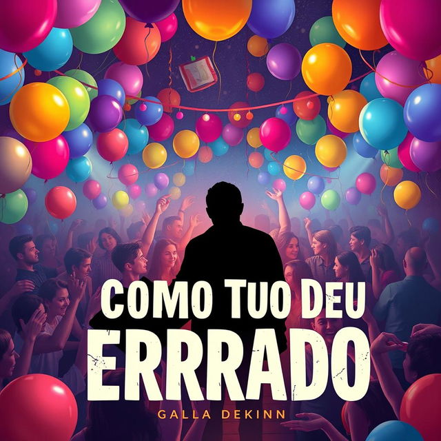 A book cover for 'Como Tudo Deu Errado', featuring a lively party scene filled with vibrant balloons and colorful lights