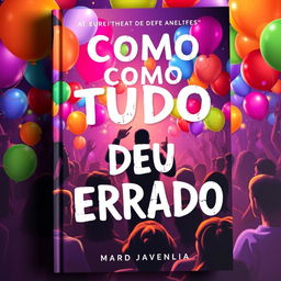 A book cover for 'Como Tudo Deu Errado', featuring a lively party scene filled with vibrant balloons and colorful lights