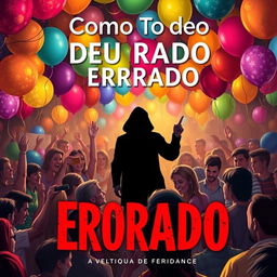 A book cover for 'Como Tudo Deu Errado', featuring a lively party scene filled with vibrant balloons and colorful lights