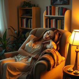 A peaceful scene of a woman asleep in a cozy armchair