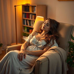 A peaceful scene of a woman asleep in a cozy armchair