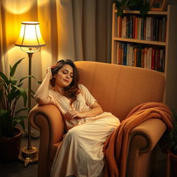 A peaceful scene of a woman asleep in a cozy armchair