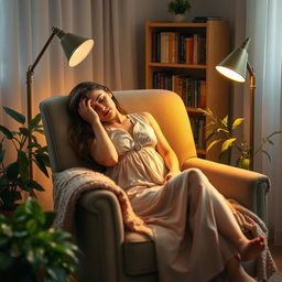 A peaceful scene of a woman asleep in a cozy armchair