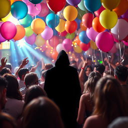 A vibrant party scene featuring colorful balloons, sparkling lights, and a lively atmosphere filled with guests celebrating