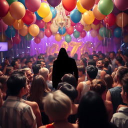 A vibrant party scene featuring colorful balloons, sparkling lights, and a lively atmosphere filled with guests celebrating