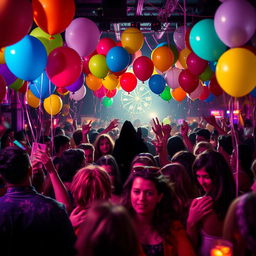 A vibrant party scene featuring colorful balloons, sparkling lights, and a lively atmosphere filled with guests celebrating