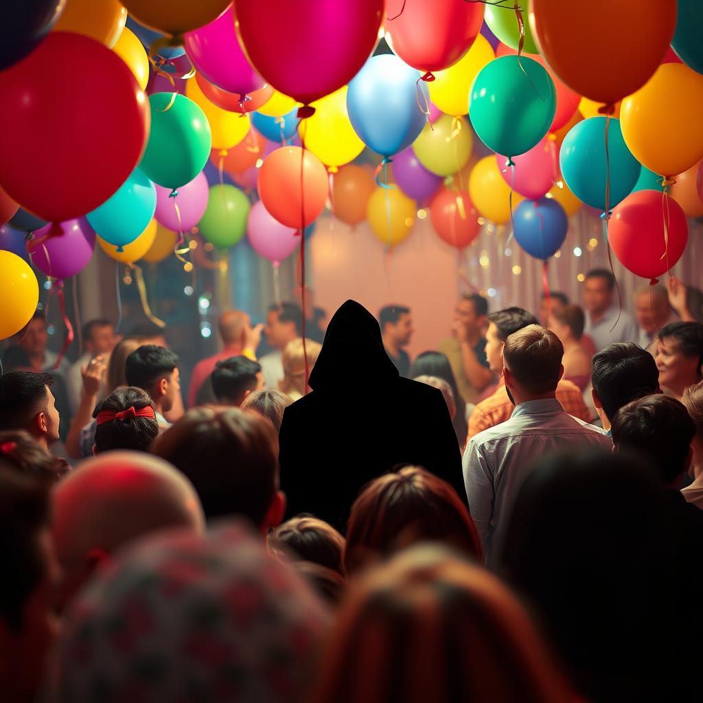 A vibrant party scene featuring colorful balloons, sparkling lights, and a lively atmosphere filled with guests celebrating